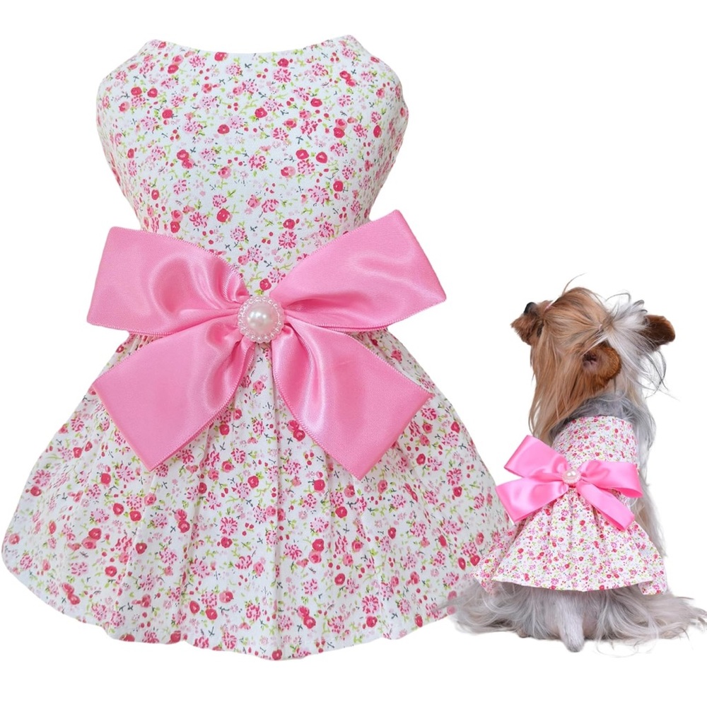 Floral Large Pink Bow Summer Celebration Dog Dress M Adjustable Velcro Waist